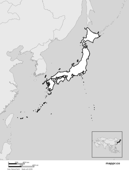 Blank political map of Japan showing its international borders without labels (black and white).