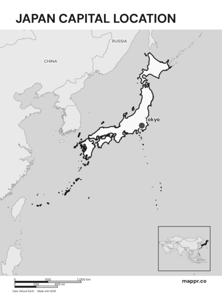 Detailed map pinpointing Tokyo, the capital of Japan (black and white).