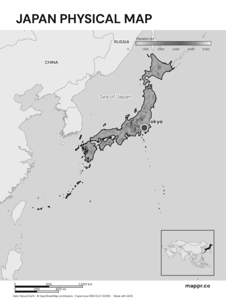 Map featuring Tokyo, the capital of Japan, with rich topographical detail (black and white).