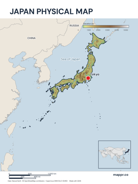 Map featuring Tokyo, the capital of Japan, with rich topographical detail.