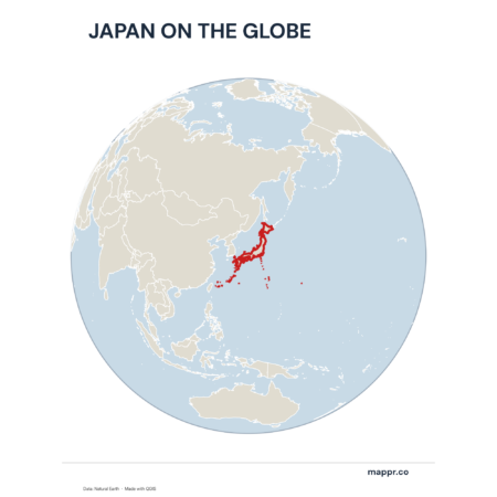 A map highlighting Japan's location on a globe, marked with a red outline.