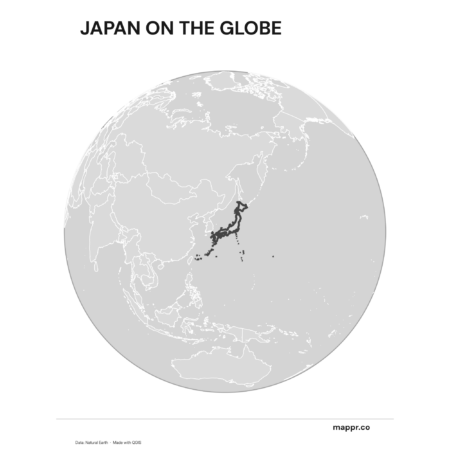 A map highlighting Japan's location on a globe, marked with a red outline (black and white).