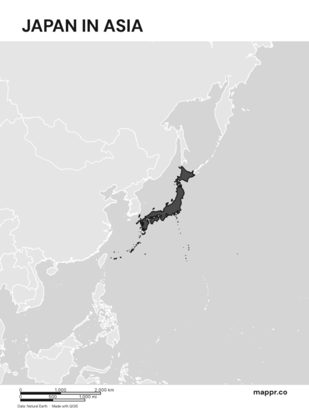 A map highlighting Japan's location on the asian continent (black and white).