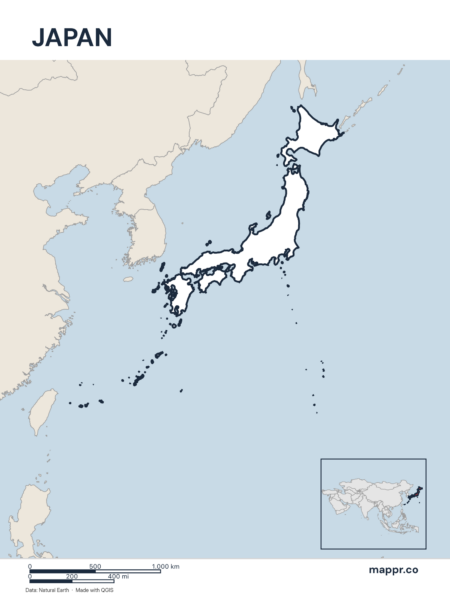 Outline map of Japan with detailed country borders, showcasing its geographical shape.