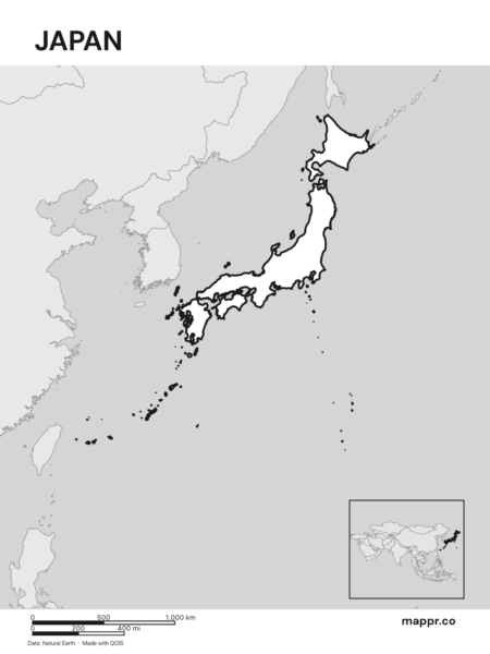 Outline map of Japan with detailed country borders, showcasing its geographical shape (black and white).