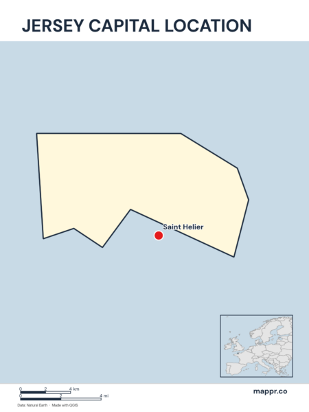 Detailed map pinpointing Saint Helier, the capital of Jersey.