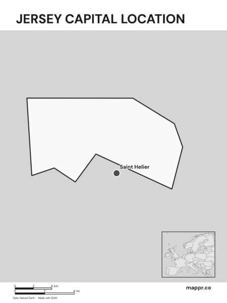 Detailed map pinpointing Saint Helier, the capital of Jersey (black and white).