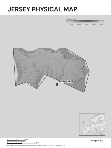Map featuring Saint Helier, the capital of Jersey, with rich topographical detail (black and white).