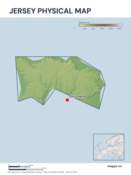 Map featuring Saint Helier, the capital of Jersey, with rich topographical detail.
