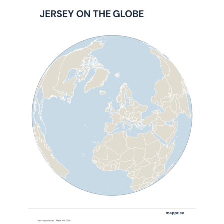 A map highlighting Jersey's location on a globe, marked with a red outline.