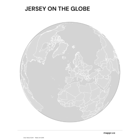 A map highlighting Jersey's location on a globe, marked with a red outline (black and white).