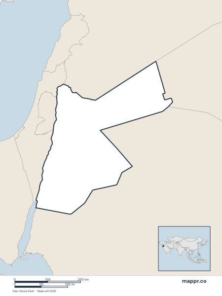Blank political map of Jordan showing its international borders without labels.