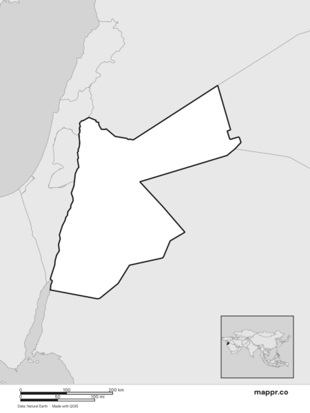 Blank political map of Jordan showing its international borders without labels (black and white).