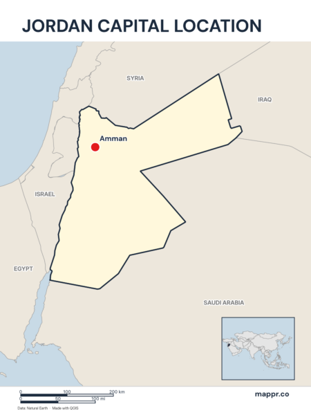 Detailed map pinpointing Amman, the capital of Jordan.