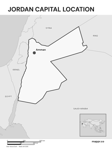 Detailed map pinpointing Amman, the capital of Jordan (black and white).