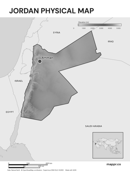 Map featuring Amman, the capital of Jordan, with rich topographical detail (black and white).