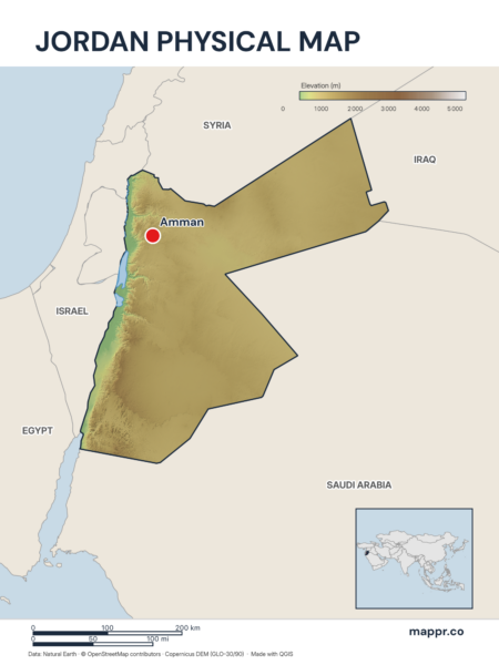 Map featuring Amman, the capital of Jordan, with rich topographical detail.