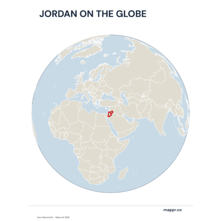 A map highlighting Jordan's location on a globe, marked with a red outline.