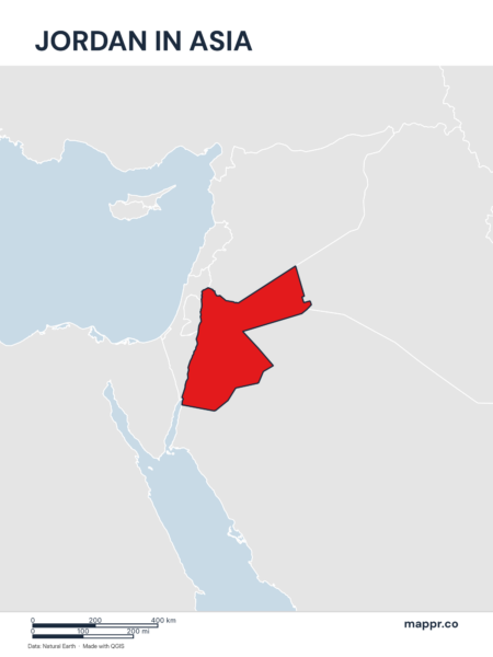 A map highlighting Jordan's location on the asian continent.