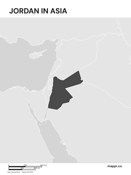 A map highlighting Jordan's location on the asian continent (black and white).