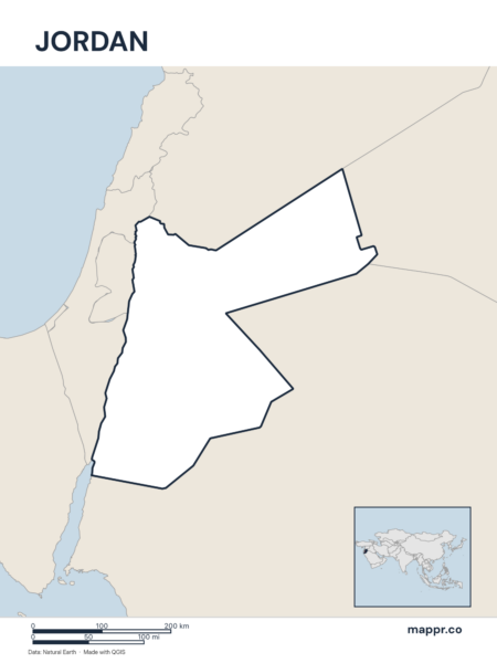 Outline map of Jordan with detailed country borders.