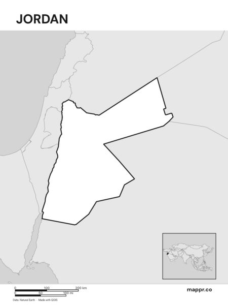 Outline map of Jordan with detailed country borders (black and white).