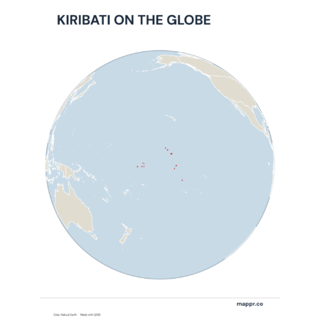 A map highlighting Kiribati's location on a globe, marked with a red outline.