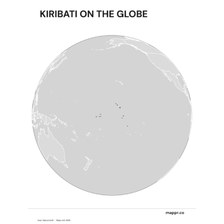 A map highlighting Kiribati's location on a globe, marked with a red outline (black and white).