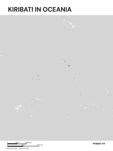 A map highlighting Kiribati's location on the oceanian continent (black and white).