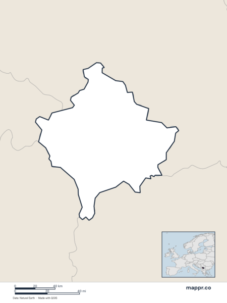 Blank political map of Kosovo showing its international borders without labels.