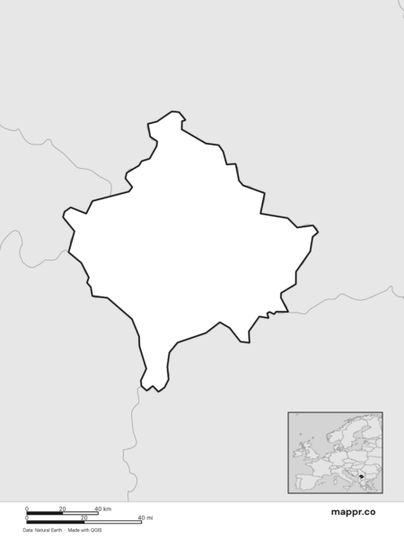 Blank political map of Kosovo showing its international borders without labels (black and white).