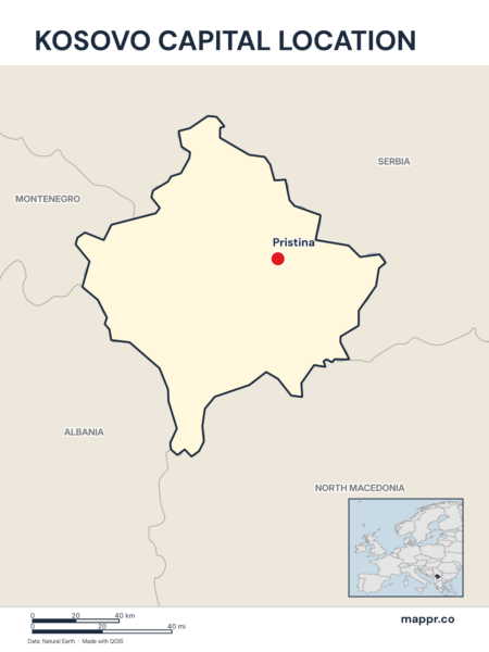 Detailed map pinpointing Pristina, the capital of Kosovo.