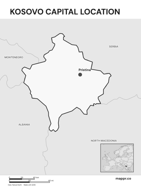 Detailed map pinpointing Pristina, the capital of Kosovo (black and white).