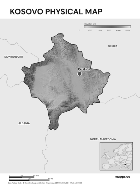 Map featuring Pristina, the capital of Kosovo, with rich topographical detail (black and white).
