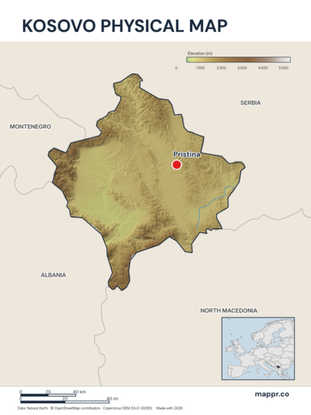 Map featuring Pristina, the capital of Kosovo, with rich topographical detail.