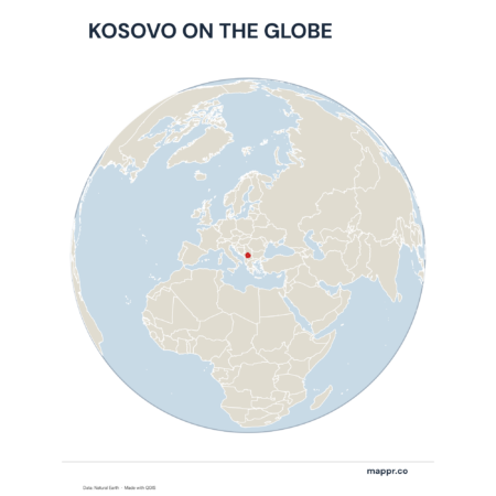 A map highlighting Kosovo's location on a globe, marked with a red outline.
