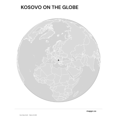A map highlighting Kosovo's location on a globe, marked with a red outline (black and white).
