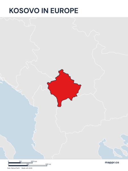 A map highlighting Kosovo's location on the european continent.