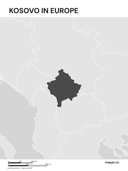 A map highlighting Kosovo's location on the european continent (black and white).