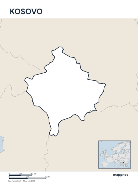 Outline map of Kosovo with detailed country borders.