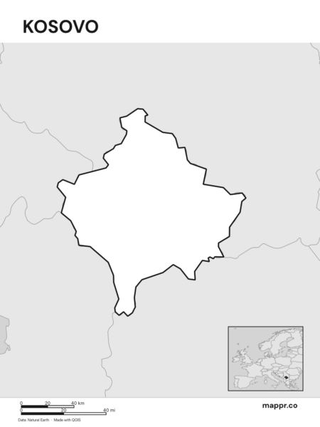 Outline map of Kosovo with detailed country borders (black and white).