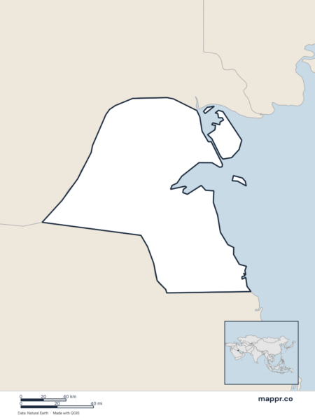 Blank political map of Kuwait showing its international borders without labels.