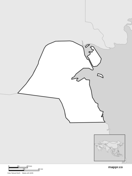 Blank political map of Kuwait showing its international borders without labels (black and white).
