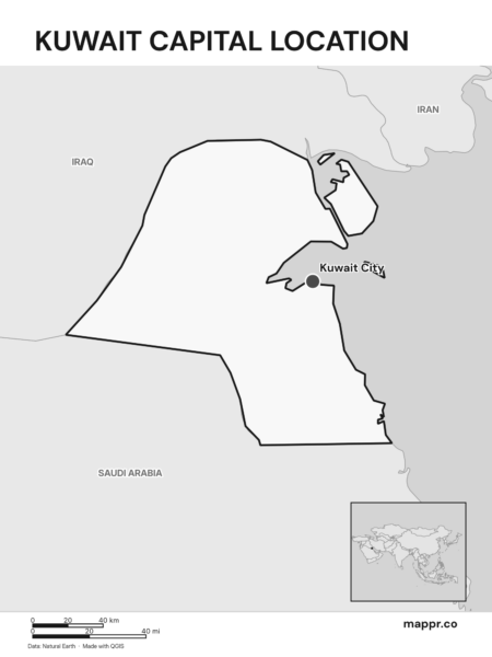Detailed map pinpointing Kuwait City, the capital of Kuwait (black and white).