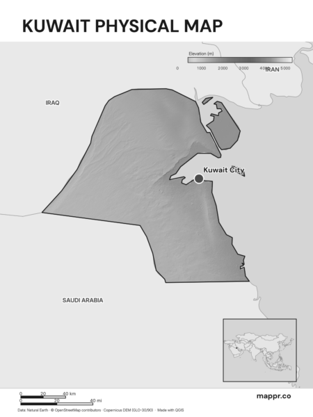 Map featuring Kuwait City, the capital of Kuwait, with rich topographical detail (black and white).