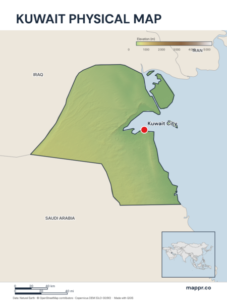 Map featuring Kuwait City, the capital of Kuwait, with rich topographical detail.