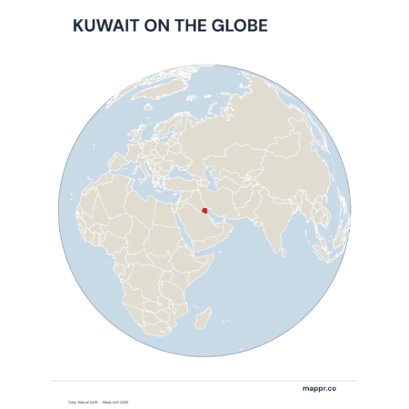 A map highlighting Kuwait's location on a globe, marked with a red outline.