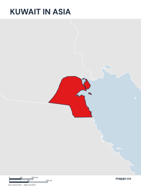 A map highlighting Kuwait's location on the asian continent.