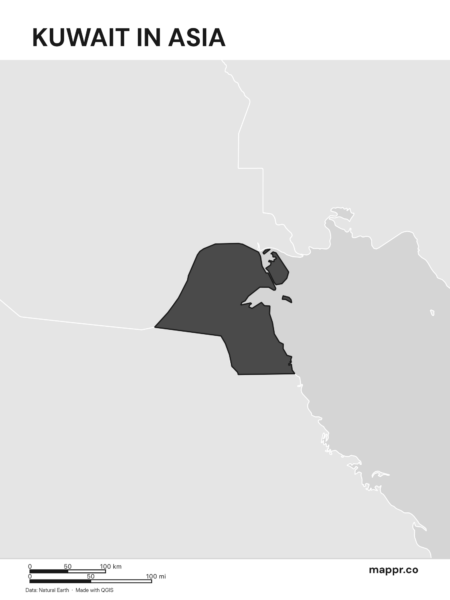 A map highlighting Kuwait's location on the asian continent (black and white).