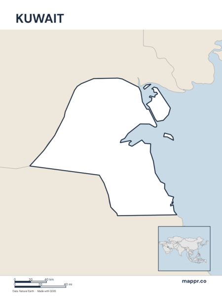 Outline map of Kuwait with detailed country borders.